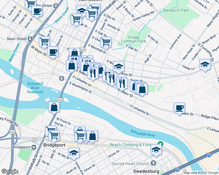 map of restaurants, bars, coffee shops, grocery stores, and more near 211 Walnut Street in Norristown