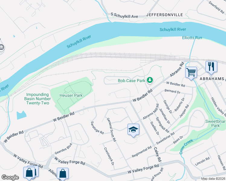 map of restaurants, bars, coffee shops, grocery stores, and more near 568 Susan Drive in King of Prussia