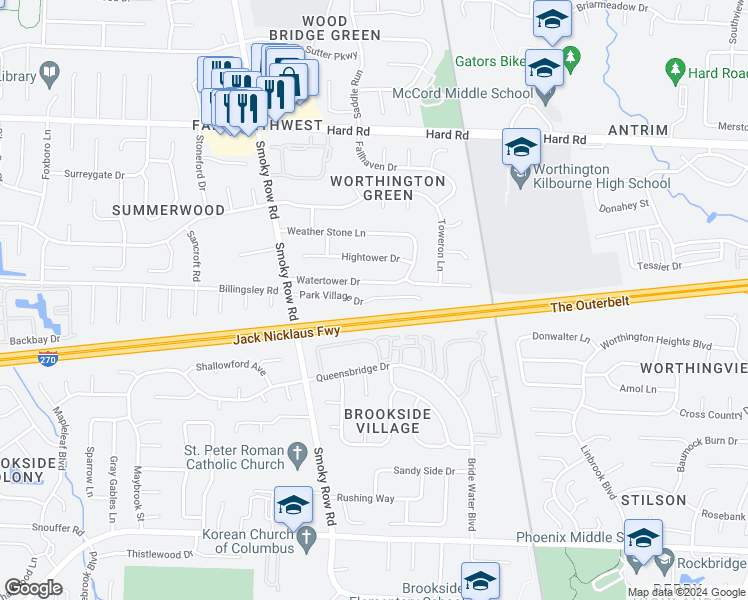 map of restaurants, bars, coffee shops, grocery stores, and more near 1731 Park Village Drive in Columbus