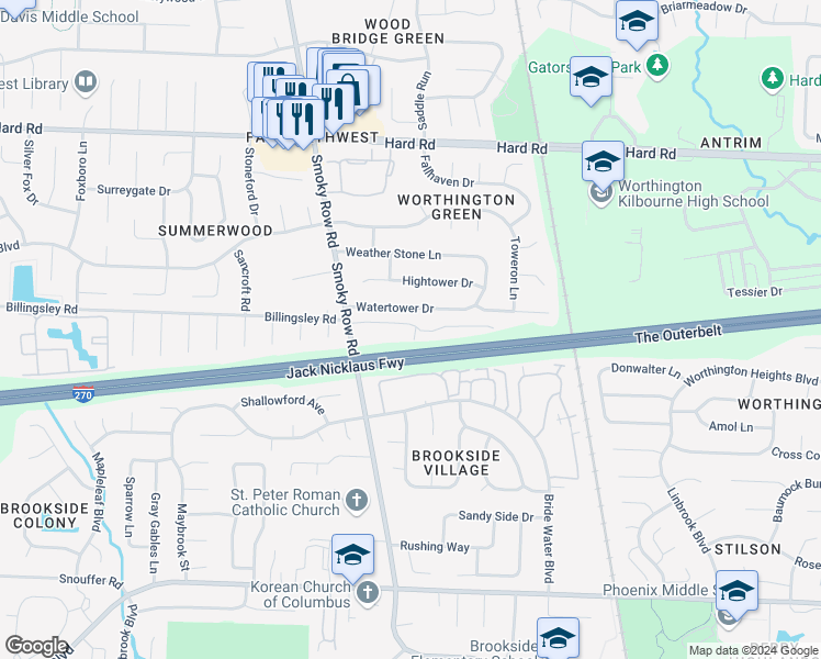 map of restaurants, bars, coffee shops, grocery stores, and more near 1740 Park Village Drive in Columbus