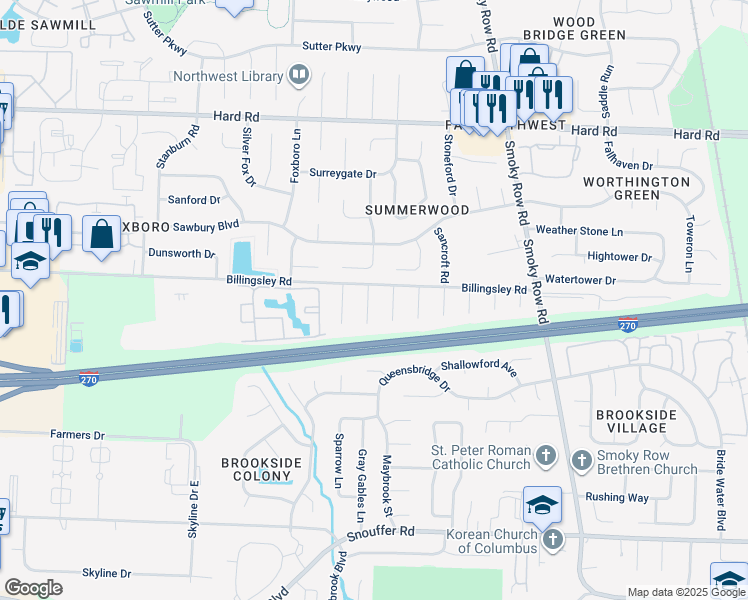 map of restaurants, bars, coffee shops, grocery stores, and more near 7594 Bingham Court in Columbus
