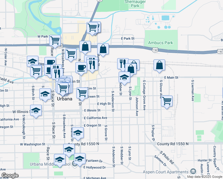 map of restaurants, bars, coffee shops, grocery stores, and more near 703 East Elm Street in Urbana