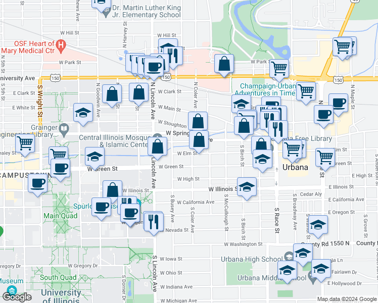 map of restaurants, bars, coffee shops, grocery stores, and more near 704 West Elm Street in Urbana