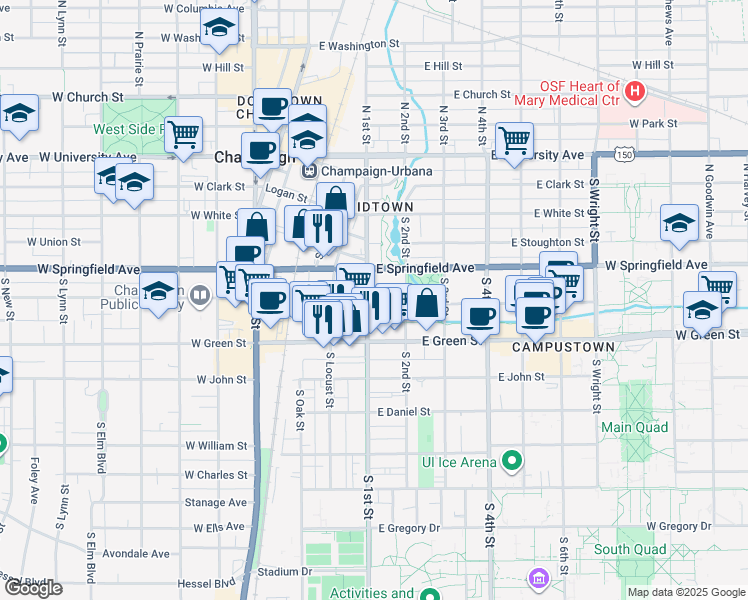 map of restaurants, bars, coffee shops, grocery stores, and more near 507 South 1st Street in Champaign