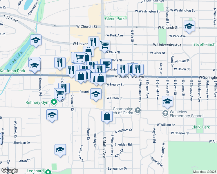 map of restaurants, bars, coffee shops, grocery stores, and more near 508 South Mattis Avenue in Champaign