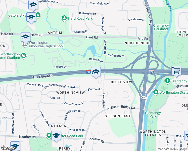 map of restaurants, bars, coffee shops, grocery stores, and more near 7111 Linworth Road in Columbus