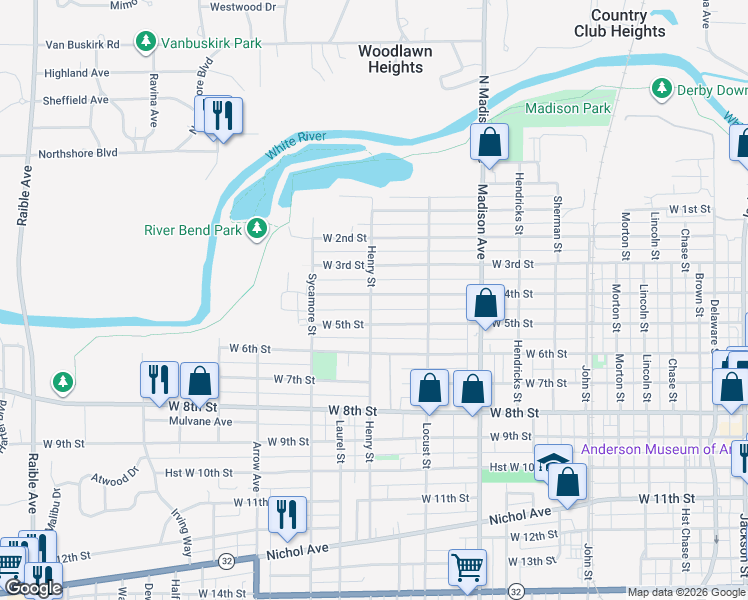 map of restaurants, bars, coffee shops, grocery stores, and more near 1331 West 4th Street in Anderson