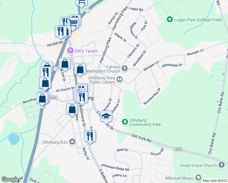 map of restaurants, bars, coffee shops, grocery stores, and more near 88 Clemens Drive in Dillsburg