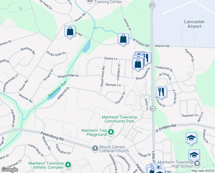 map of restaurants, bars, coffee shops, grocery stores, and more near 332 Bowyer Ln in Lititz