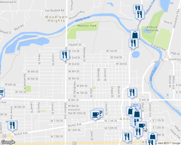 map of restaurants, bars, coffee shops, grocery stores, and more near 705 West 4th Street in Anderson