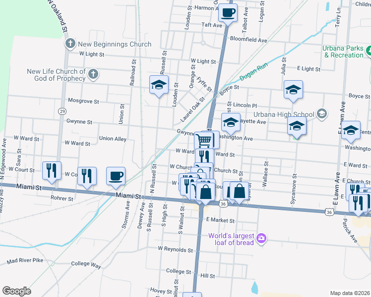 map of restaurants, bars, coffee shops, grocery stores, and more near 202 West Ward Street in Urbana