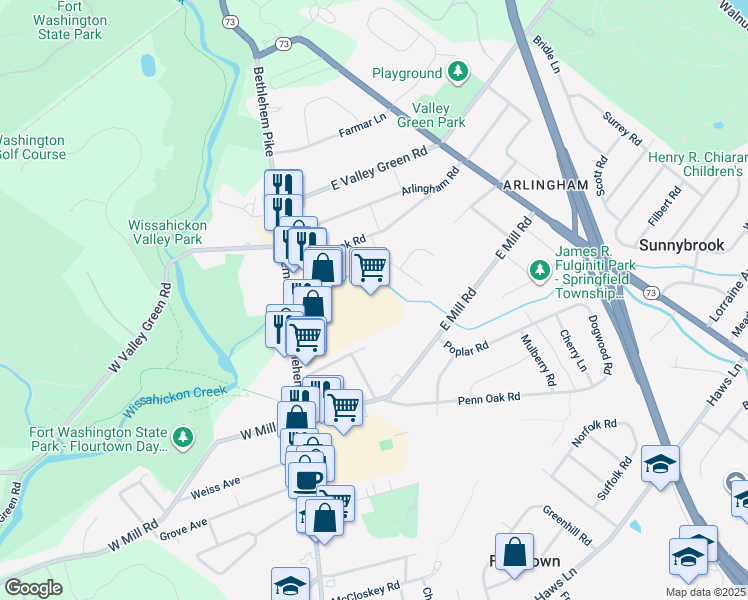 map of restaurants, bars, coffee shops, grocery stores, and more near 1874 Bethlehem Pike in Flourtown