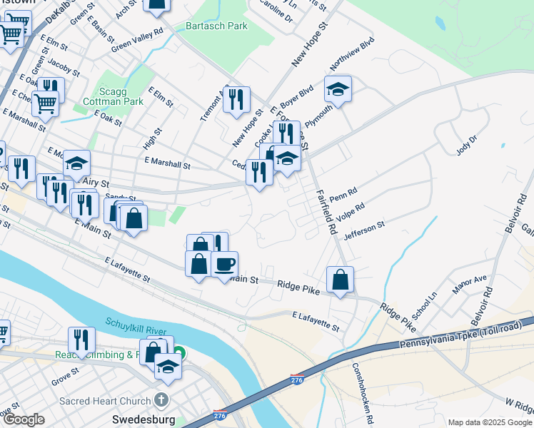 map of restaurants, bars, coffee shops, grocery stores, and more near 2431 Regatta Circle in Norristown