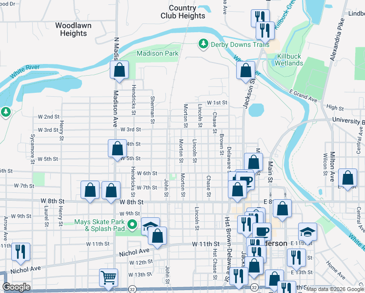 map of restaurants, bars, coffee shops, grocery stores, and more near 433 West 4th Street in Anderson