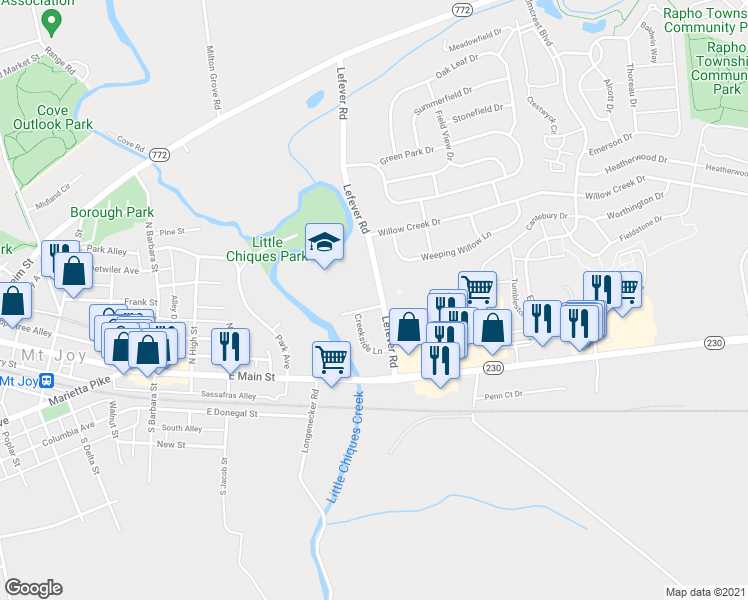 map of restaurants, bars, coffee shops, grocery stores, and more near 595 Staufer Court in Mount Joy