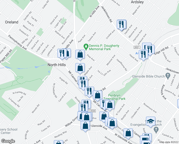 map of restaurants, bars, coffee shops, grocery stores, and more near 237 Maple Avenue in Glenside