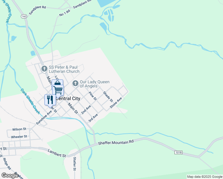 map of restaurants, bars, coffee shops, grocery stores, and more near Maple Street in Central City