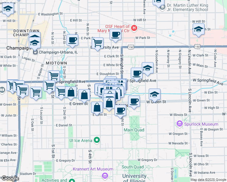 map of restaurants, bars, coffee shops, grocery stores, and more near 606 East Healey Street in Champaign