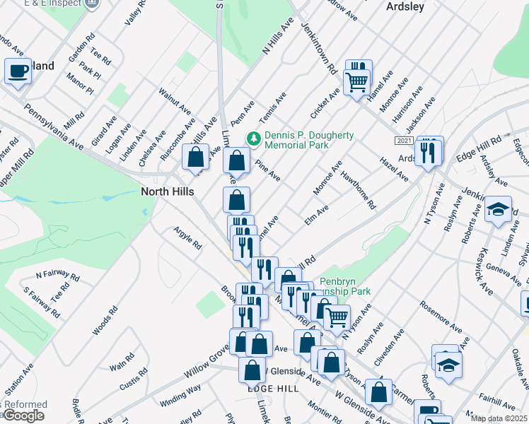 map of restaurants, bars, coffee shops, grocery stores, and more near 237 Maple Avenue in Glenside