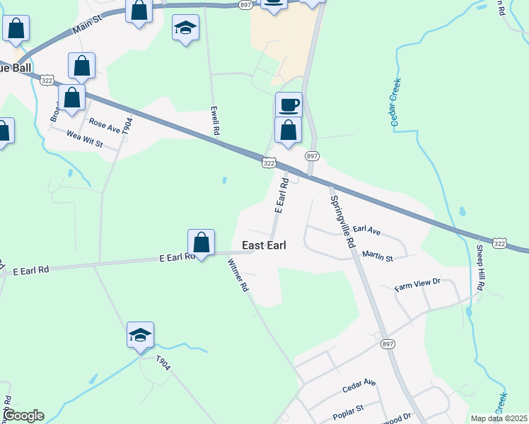 map of restaurants, bars, coffee shops, grocery stores, and more near 1275 East Earl Road in East Earl