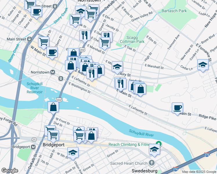map of restaurants, bars, coffee shops, grocery stores, and more near 211 Walnut Street in Norristown