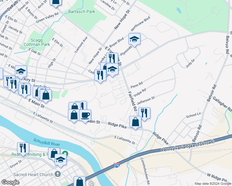 map of restaurants, bars, coffee shops, grocery stores, and more near 416 Wilder Square in Plymouth Meeting