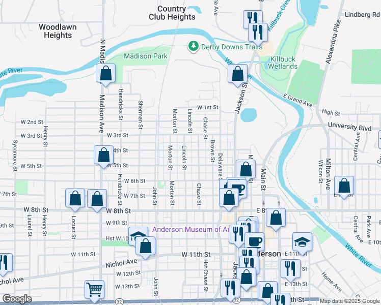 map of restaurants, bars, coffee shops, grocery stores, and more near 335 West 4th Street in Anderson