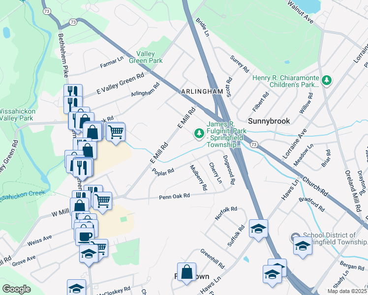 map of restaurants, bars, coffee shops, grocery stores, and more near 412 Hemlock Road in Flourtown
