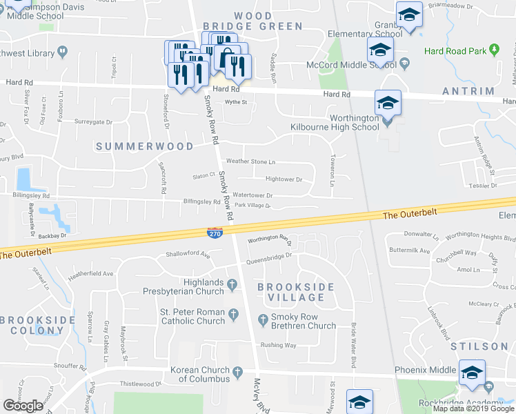 map of restaurants, bars, coffee shops, grocery stores, and more near 1740 Park Village Drive in Columbus