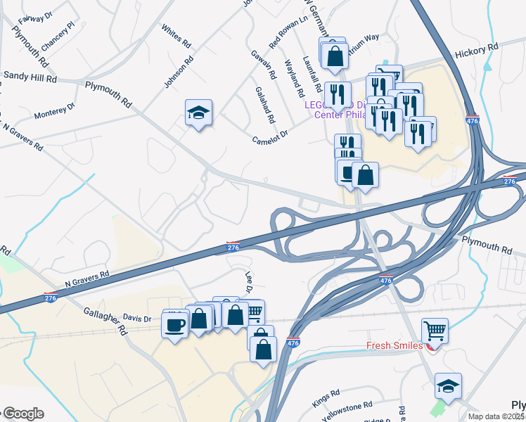 map of restaurants, bars, coffee shops, grocery stores, and more near 401 Plymouth Road in Plymouth Meeting