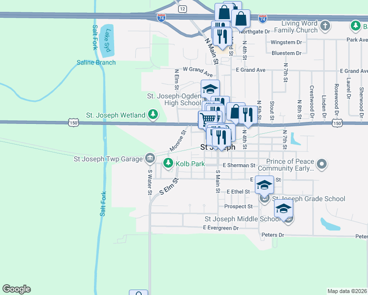 map of restaurants, bars, coffee shops, grocery stores, and more near 199 1st Street in Saint Joseph