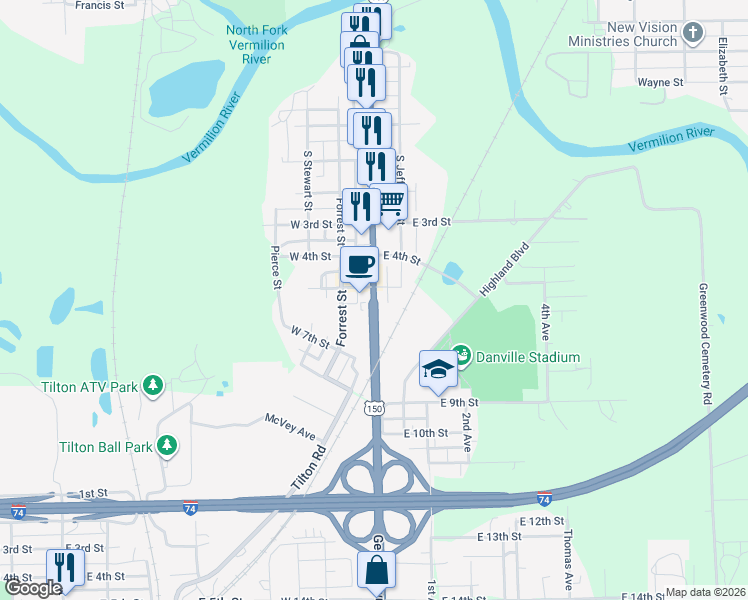 map of restaurants, bars, coffee shops, grocery stores, and more near Illinois 1 in Danville