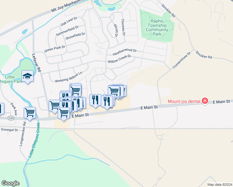 map of restaurants, bars, coffee shops, grocery stores, and more near 65 Lancaster Estates in Mount Joy