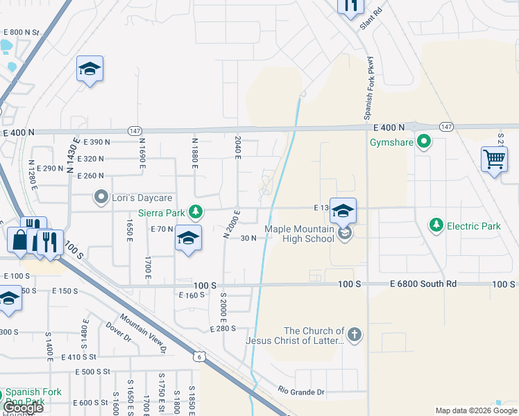 map of restaurants, bars, coffee shops, grocery stores, and more near 2155 East 130 North in Spanish Fork