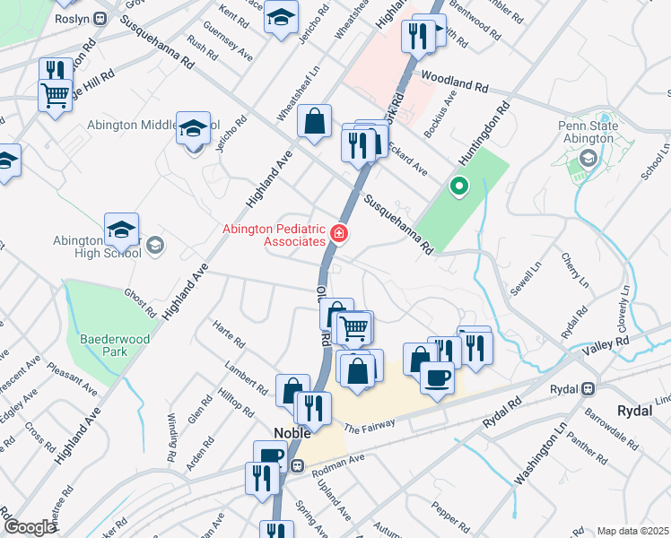 map of restaurants, bars, coffee shops, grocery stores, and more near 1021 Pennsylvania 611 in Abington
