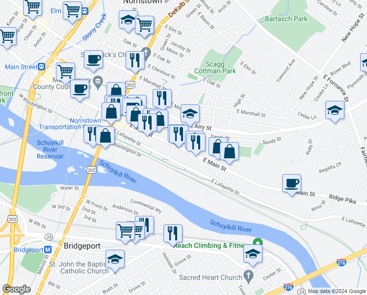 map of restaurants, bars, coffee shops, grocery stores, and more near 407 East Main Street in Norristown