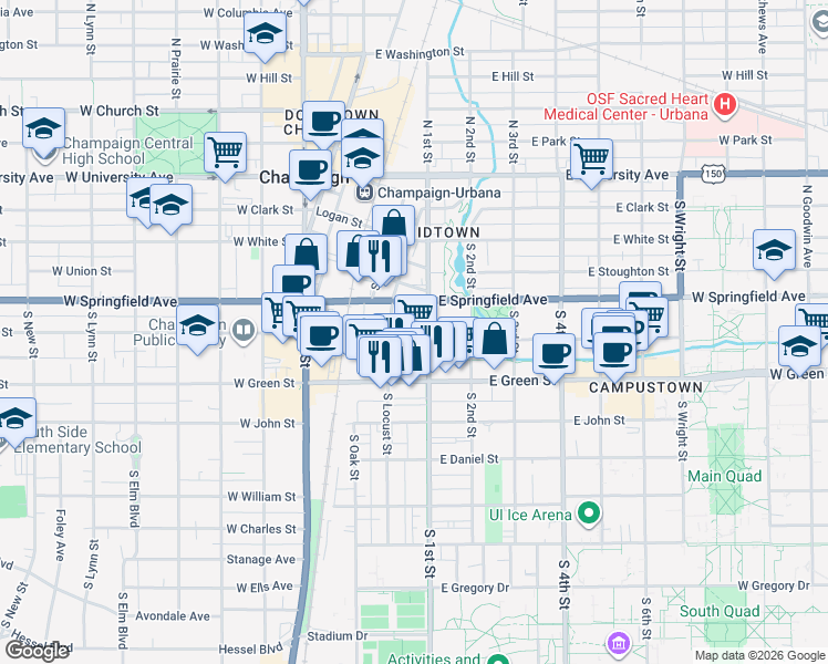 map of restaurants, bars, coffee shops, grocery stores, and more near 58 East Healey Street in Champaign