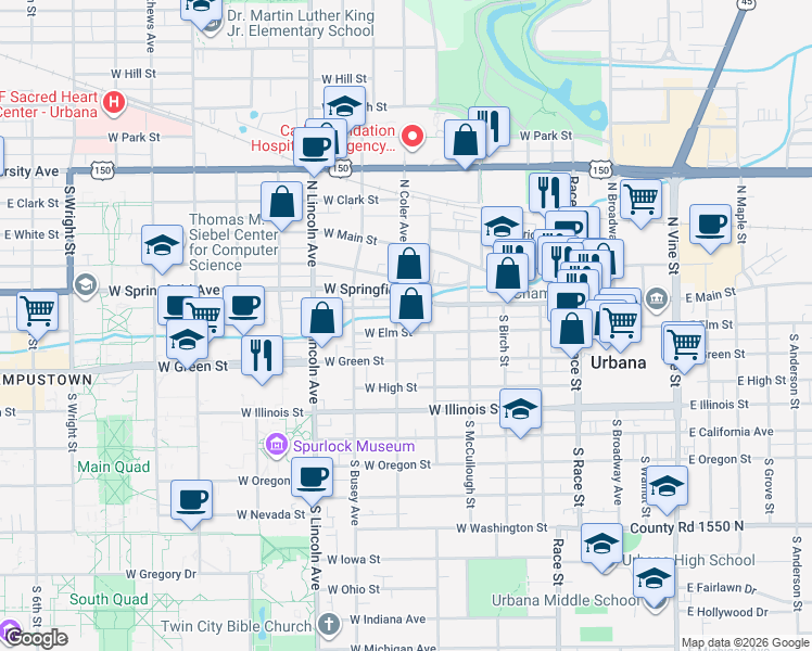 map of restaurants, bars, coffee shops, grocery stores, and more near 610 West Elm Street in Urbana