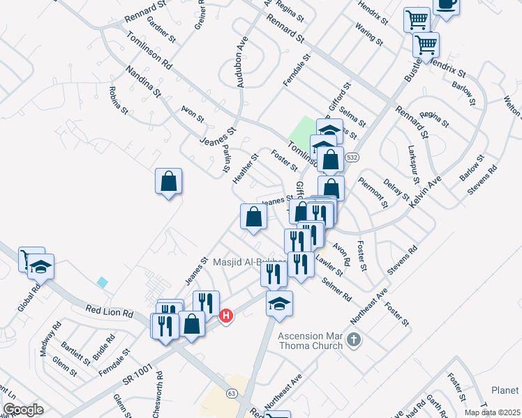 map of restaurants, bars, coffee shops, grocery stores, and more near 10761 Jeanes Street in Philadelphia