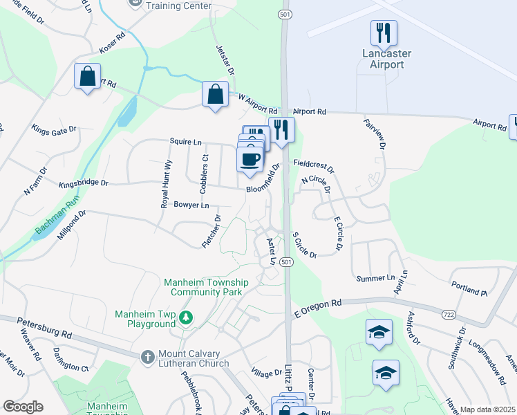 map of restaurants, bars, coffee shops, grocery stores, and more near 287 Bowyer Lane in Lititz