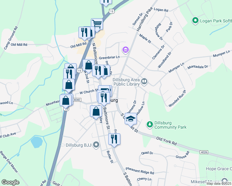 map of restaurants, bars, coffee shops, grocery stores, and more near 142 Harrisburg Street in Dillsburg