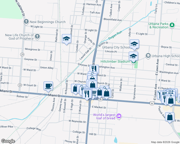 map of restaurants, bars, coffee shops, grocery stores, and more near 112 West Ward Street in Urbana