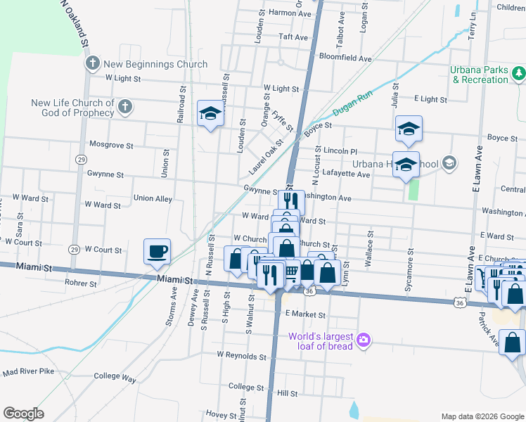 map of restaurants, bars, coffee shops, grocery stores, and more near 202 West Ward Street in Urbana