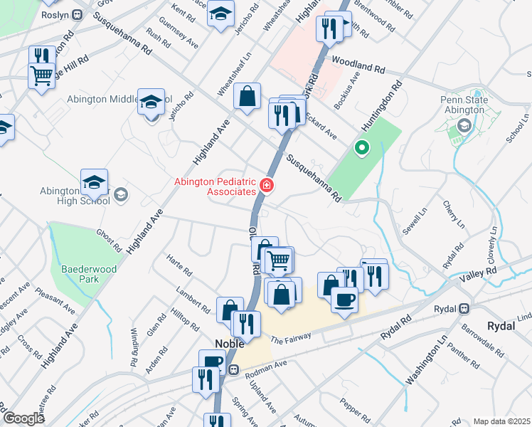 map of restaurants, bars, coffee shops, grocery stores, and more near 1021 Pennsylvania 611 in Abington