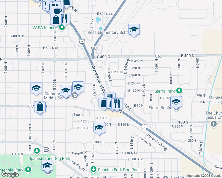 map of restaurants, bars, coffee shops, grocery stores, and more near 1449 East 150 South in Spanish Fork