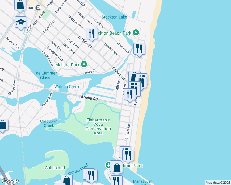 map of restaurants, bars, coffee shops, grocery stores, and more near 207 4th Avenue in Manasquan