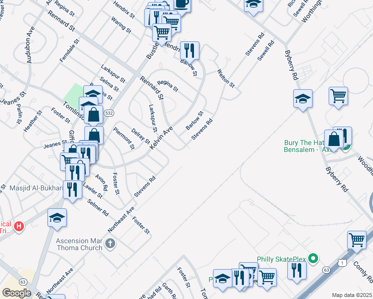 map of restaurants, bars, coffee shops, grocery stores, and more near 1024 Larkspur Street in Philadelphia
