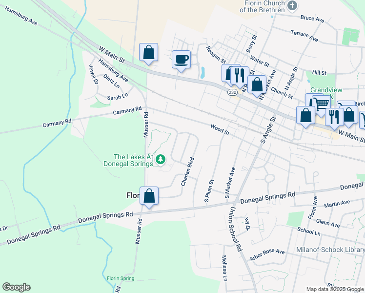 map of restaurants, bars, coffee shops, grocery stores, and more near 214 Waters Edge Drive in Mount Joy