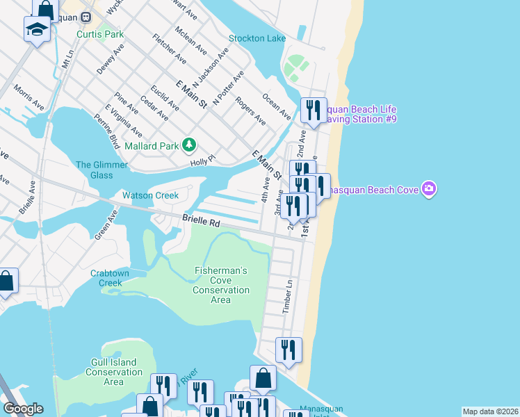 map of restaurants, bars, coffee shops, grocery stores, and more near 207 4th Avenue in Manasquan