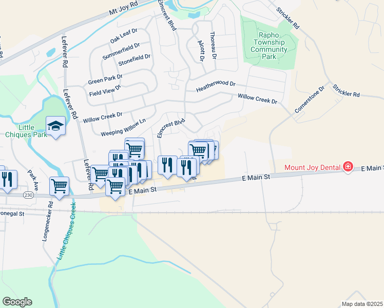 map of restaurants, bars, coffee shops, grocery stores, and more near 17 Lancaster Estates in Mount Joy